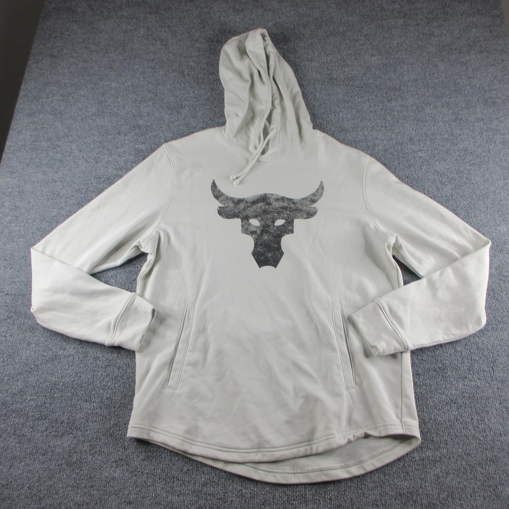 Under Armour Hoodie Mens L Beige Pullover Project Rock Bull Graphic Sweatshirt